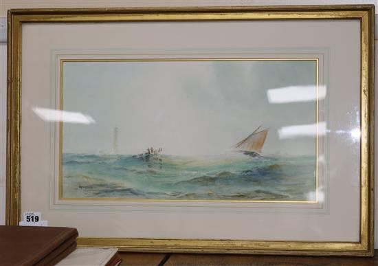 Charles E Hannaford watercolour Off the Eddy Stone Light House 23 x 44cm.